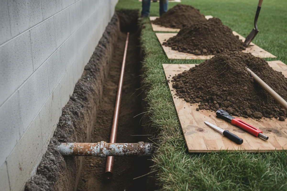 Excavated water line trench during Water Softener Installation in Kerhonkson